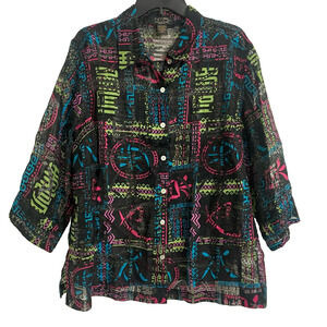 NYPL Collection Womens 1X 3/4 Sleeve MOP Button Blouse Art to Wear Artsy